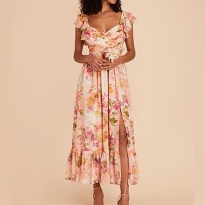 Chiffon Coral Sunset Peonies- Michelle Dress Birdy Grey